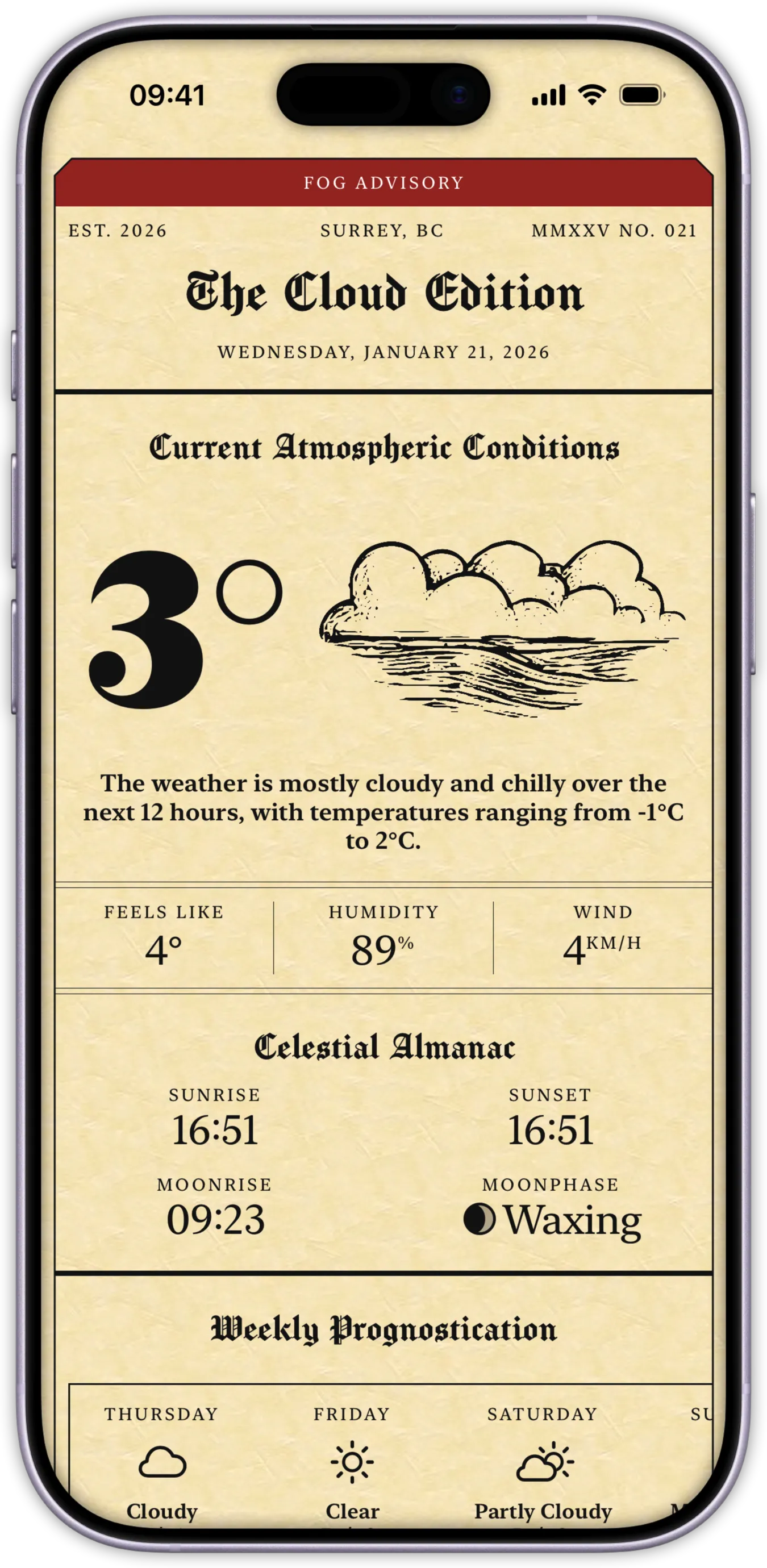 iPhone showing The Cloud Edition forecast.